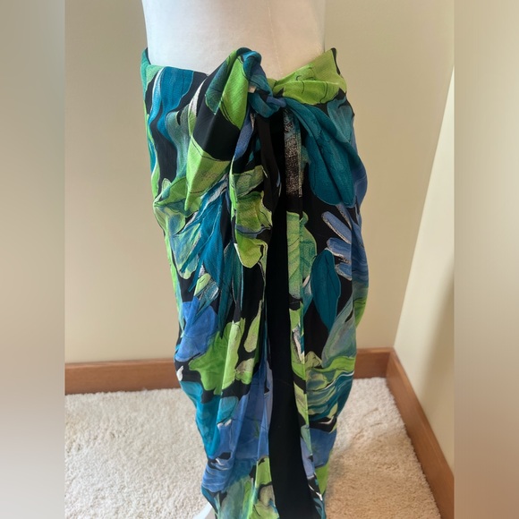 Vintage Cache 💙💚🖤 Black Spandex Zip Skirt W/ Floral Sarong Size 10 90s 🖤💙💚 - Picture 6 of 12